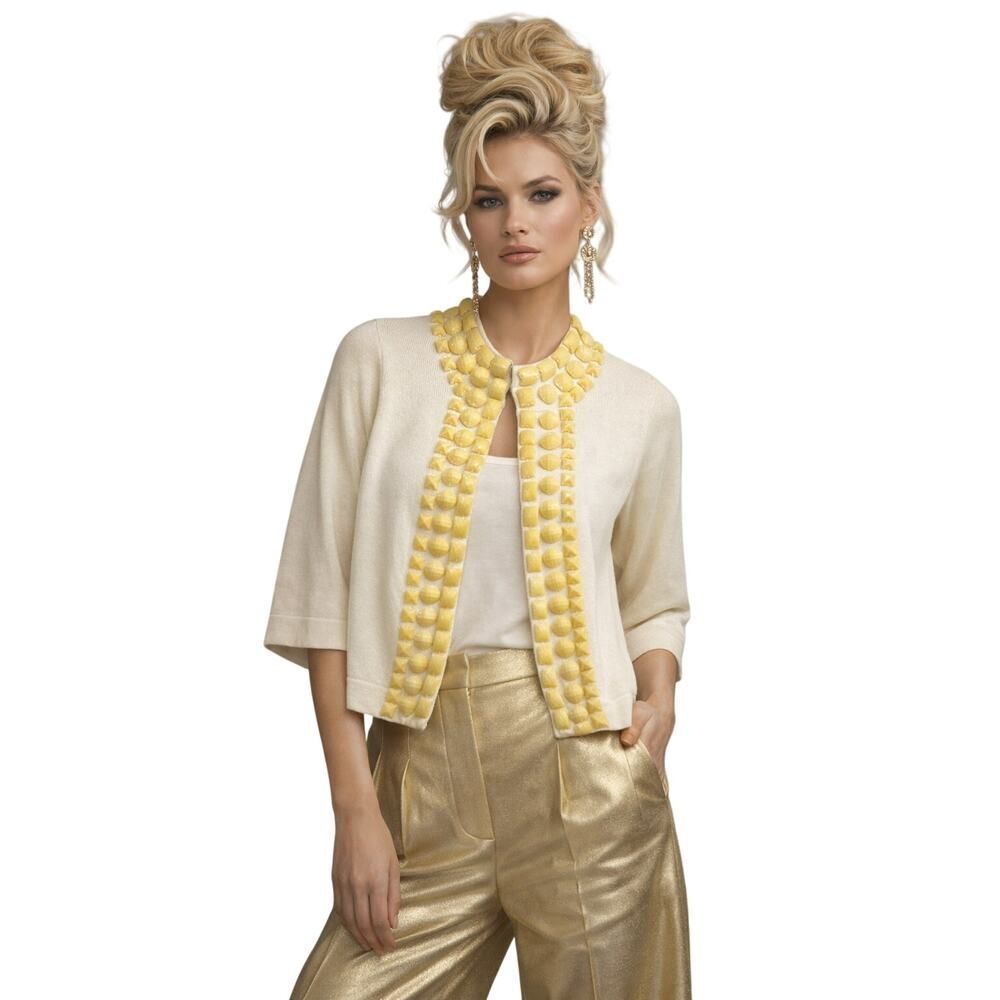 TRINA TURK Women’s Embellished Jewel Trim Cashmere Blend Cardigan Cream Medium